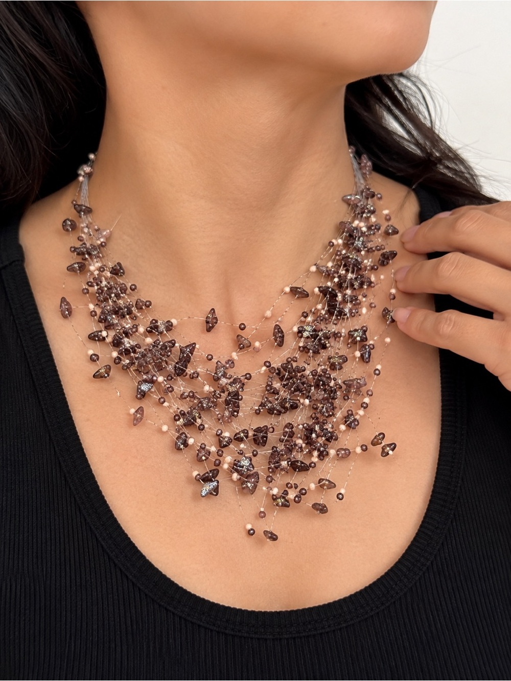 Multi-Strand Brown Beaded Statement Necklace - Women Jewelry